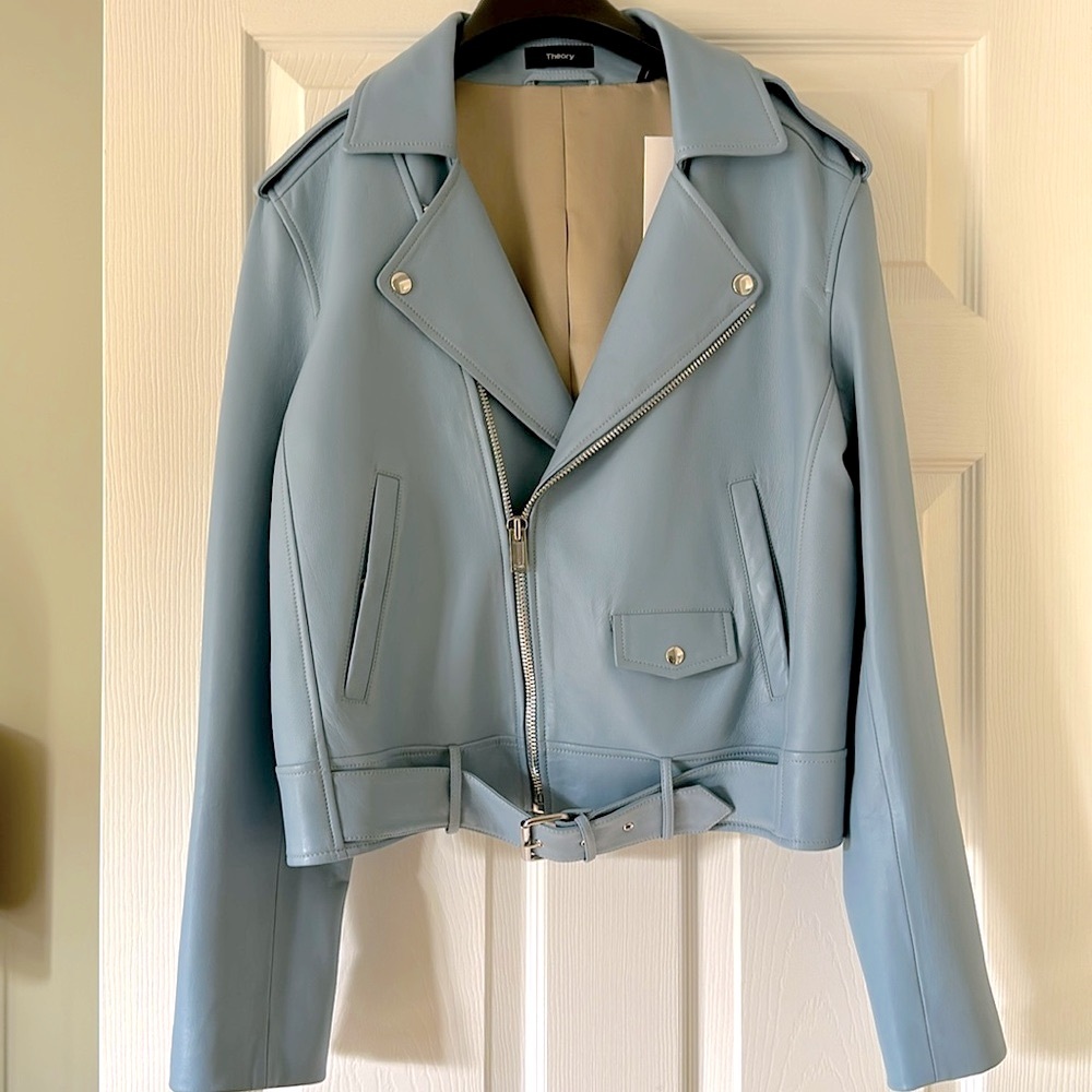 Theory Brand new with tags Blue Leather Moto Jacket Asymmetrical Zipper